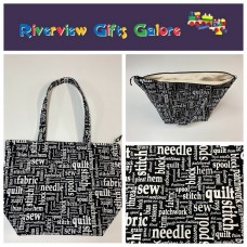Large Tote Bag With Zip - Sewing Words on Black Large Tote Bag With Zip - Sewing Words on Black